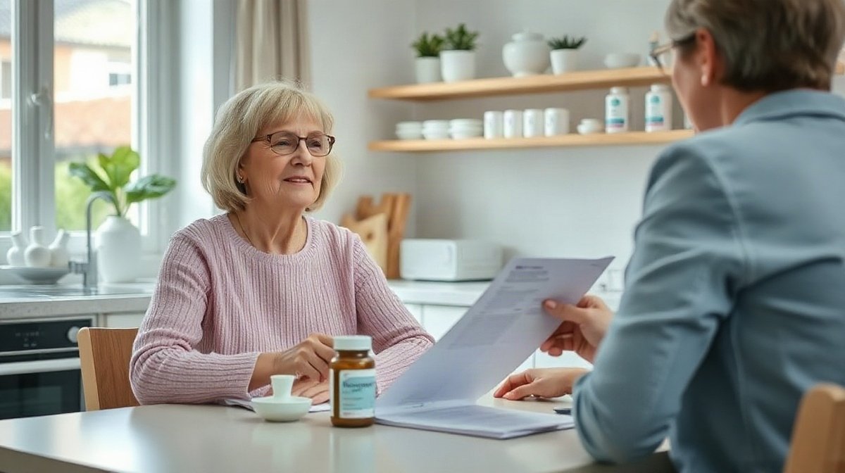 Femme discutant avec un pharmacien, flacon et prospectus sur la table