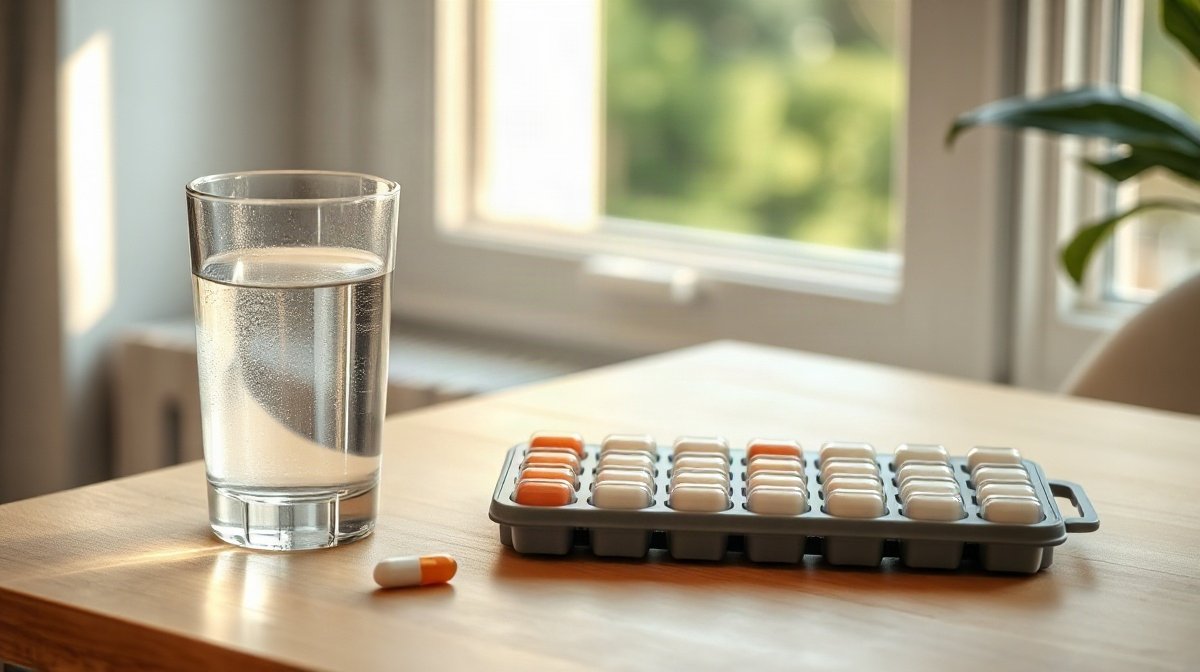 Verre d’eau à côté d’un pilulier hebdomadaire fermé