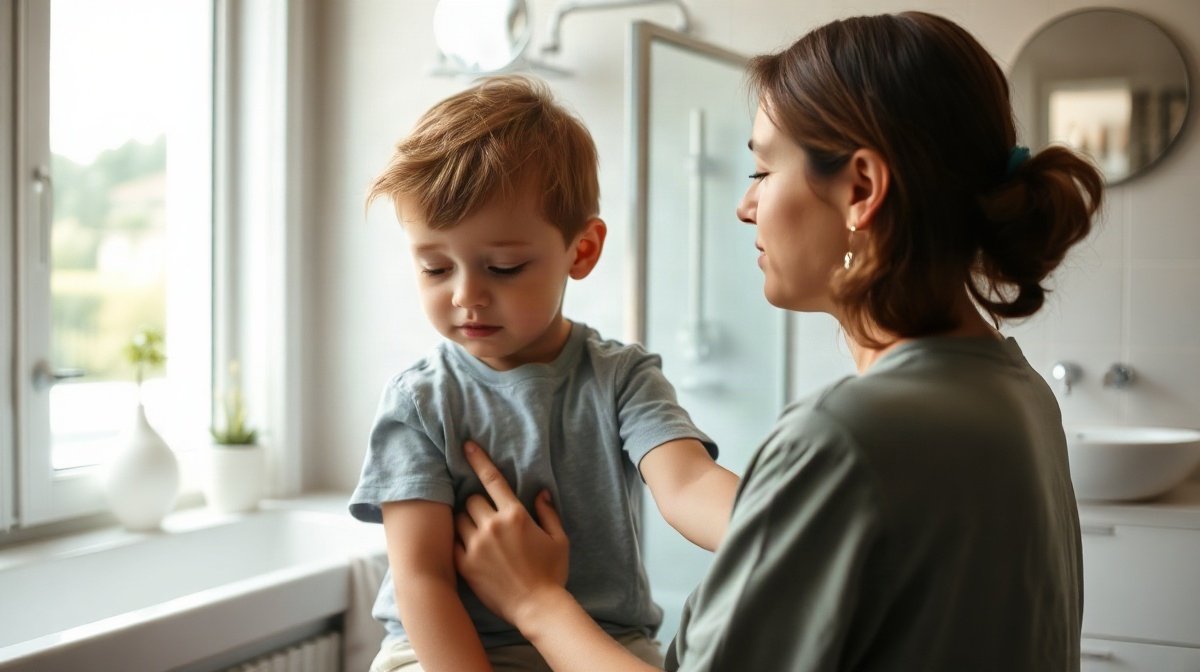 Enfant assis près d’un parent, peau sèche et rougeâtre visible