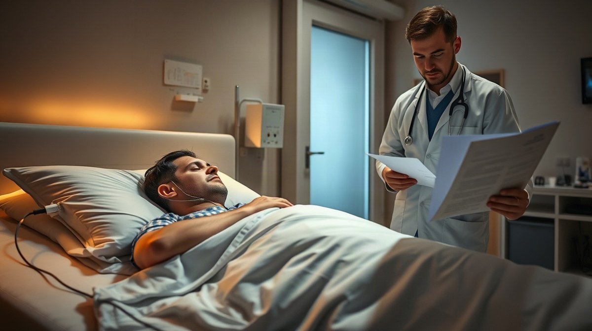 Patient adulte dormant dans un lit, capteurs respiratoires et technicien à proximité