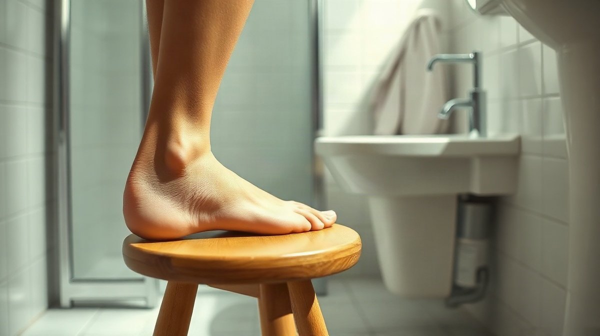 Pied adulte de profil sur un tabouret, zone épaissie sous la plante