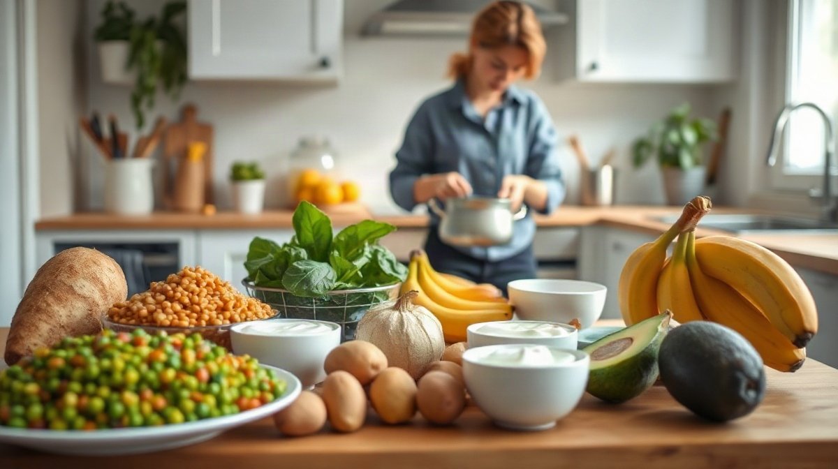 Une personne dispose lentilles, pommes de terre, épinards, avocat, bananes et yaourt