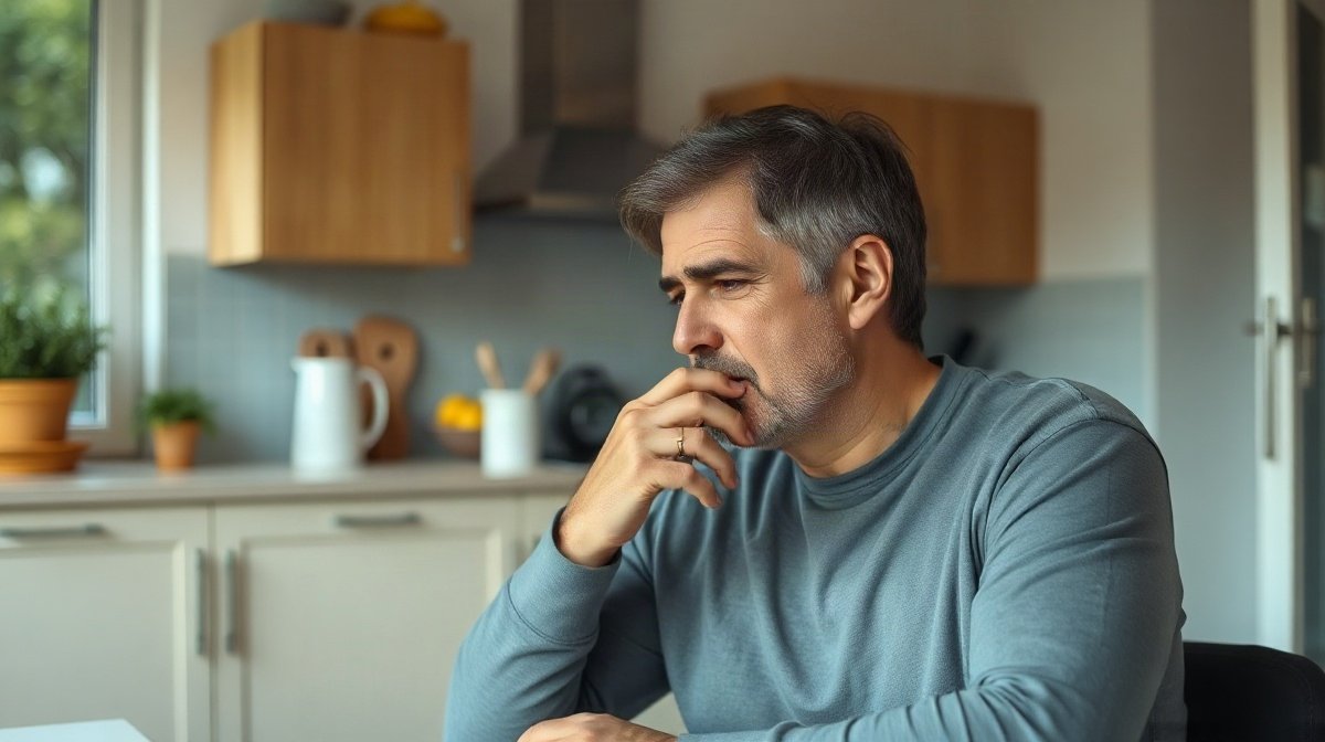 Adulte assis à une table de cuisine, avalant avec gêne