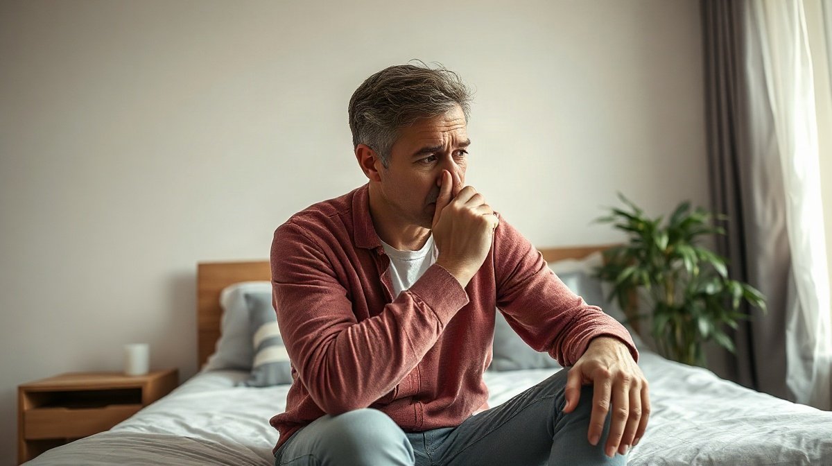 Adulte assis au bord du lit, gêné par le nez bouché
