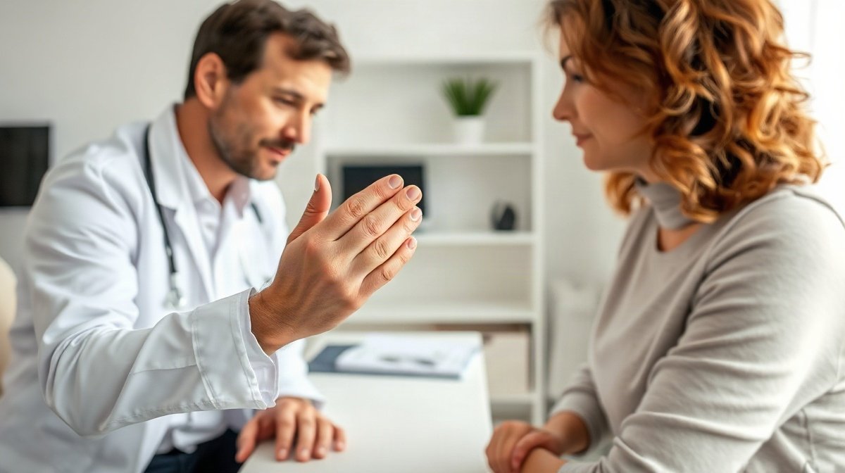 Dermatologue examinant les ongles striés d’une main posée sur la table