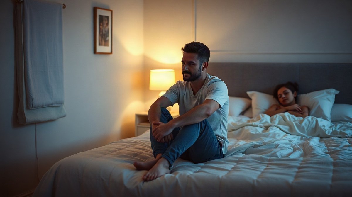 Adulte assis au bord du lit, partenaire endormi en arrière-plan