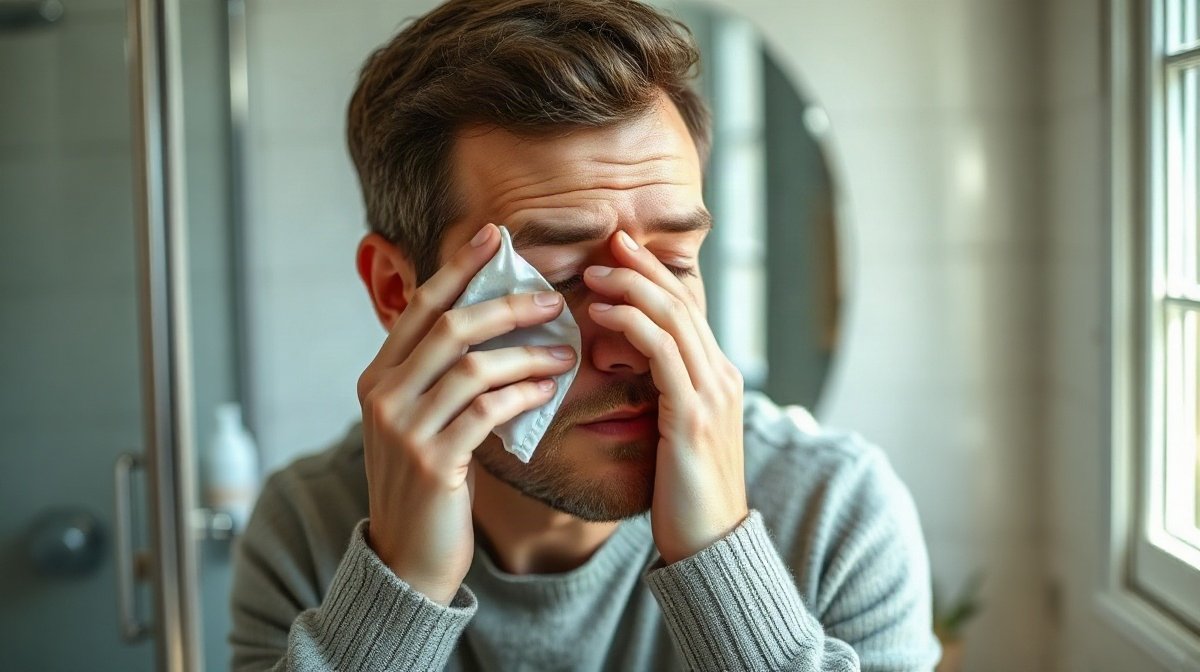 Adulte appliquant une compresse chaude sur une paupière fermée gonflée