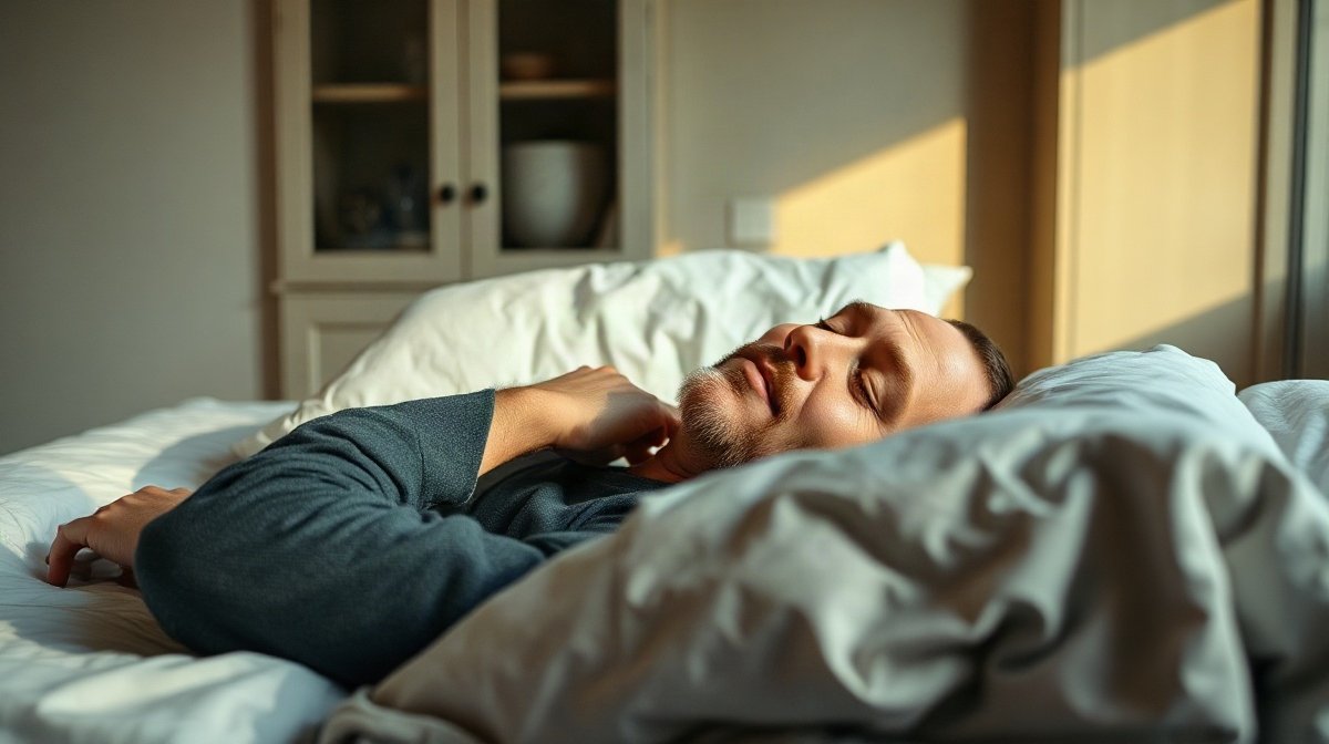 Homme adulte dormant seul sur le dos dans une chambre moderne
