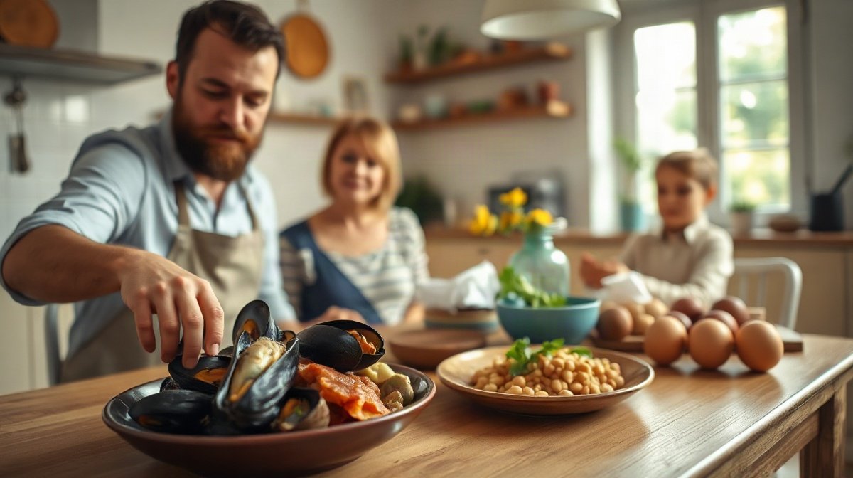 Préparation d’huîtres, moules, bœuf, pois chiches et œufs, famille attablée
