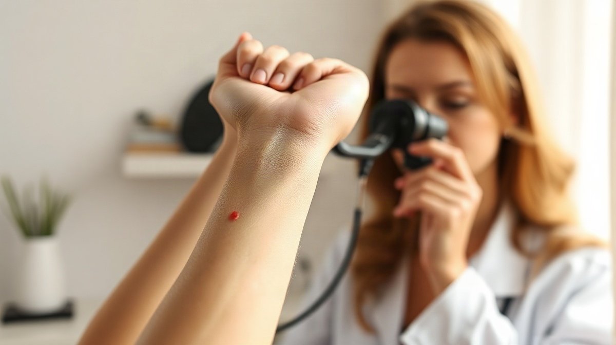 Petite tache rouge sur un avant-bras examinée au dermatoscope