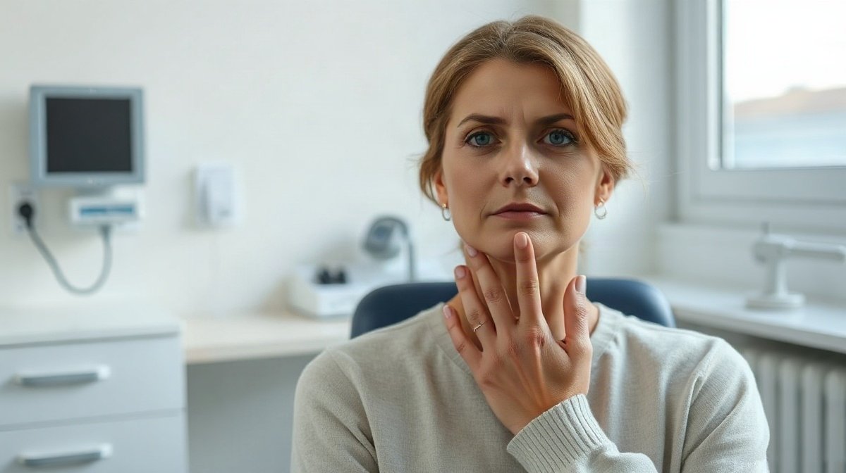 Femme assise, une main posée sur la gorge, dans un cabinet médical moderne
